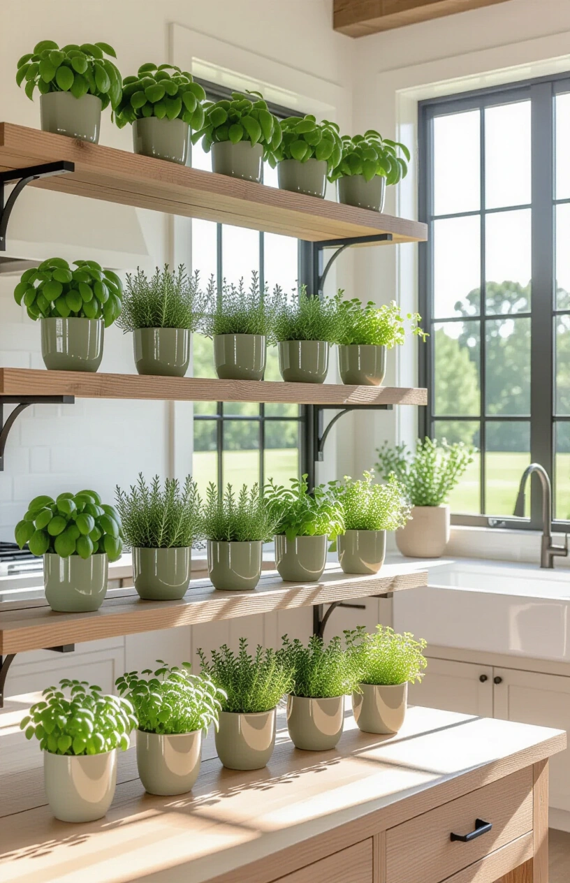 How to Style Your Open Shelving in the Kitchen (20 ideas) - Arranging Green Potted Herbs for Freshness