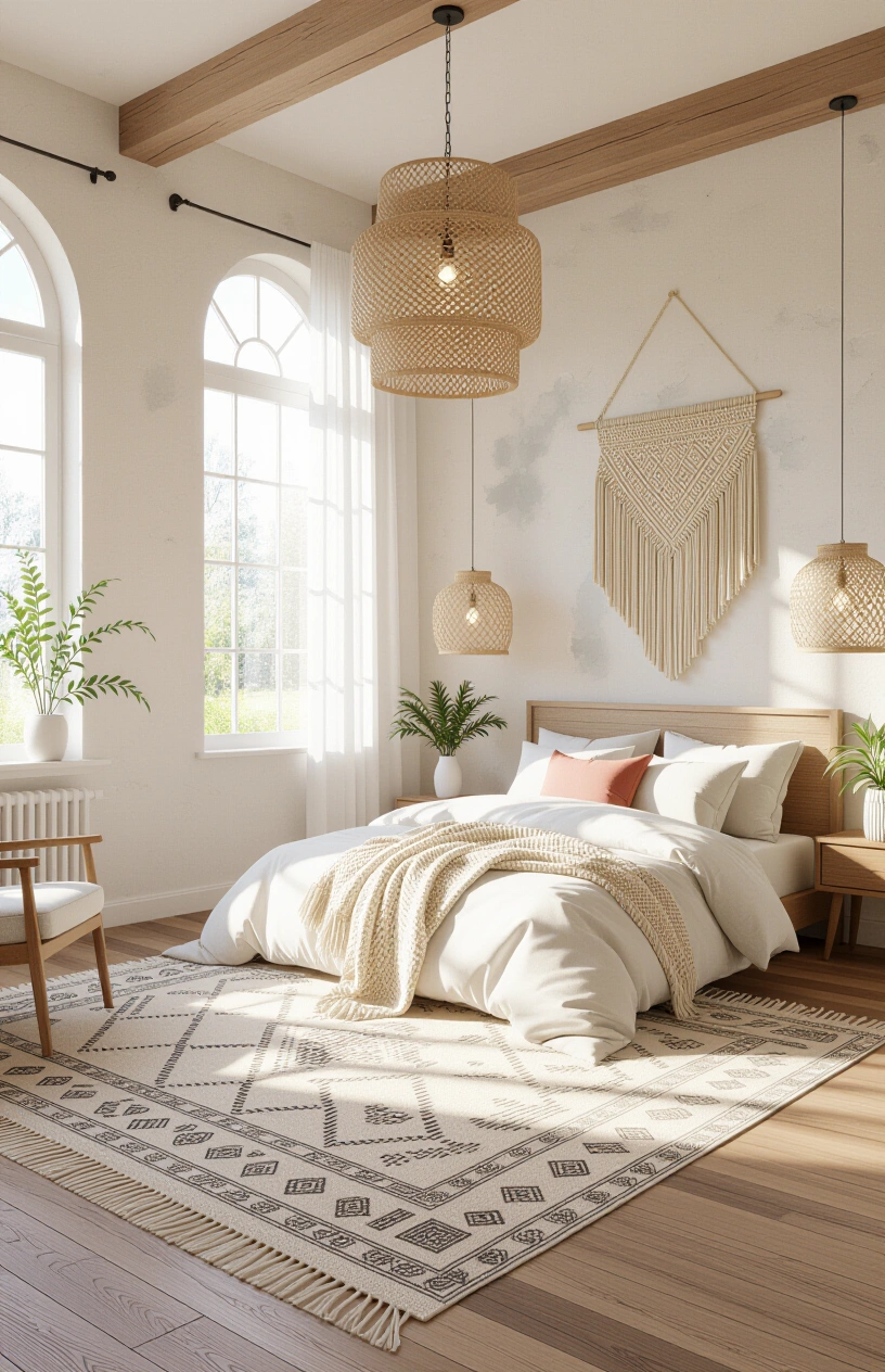 Create Your Dream Bedroom Sanctuary: 15 Calming Decor Ideas - Bohemian Rug with Geometric Pattern