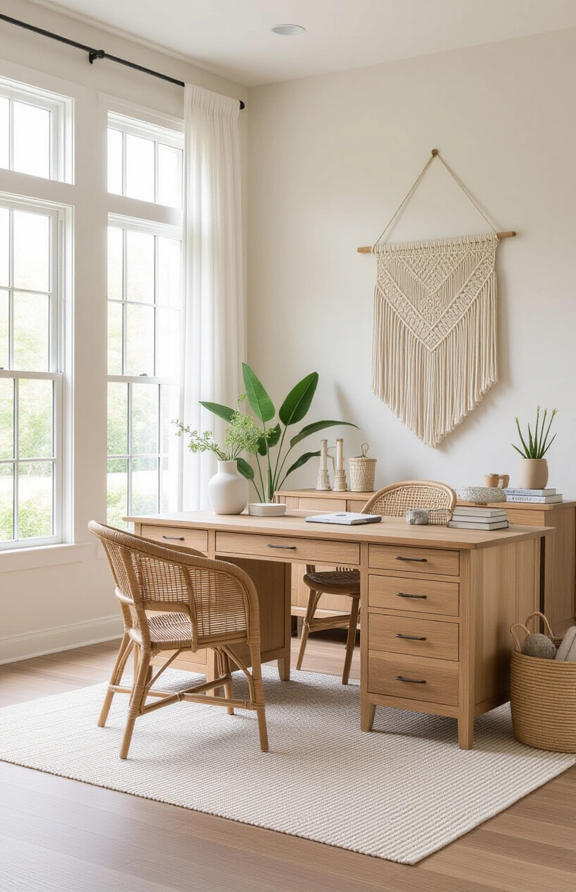 10 Inspiring Home Office Decor Ideas - Bohemian Style Home Office with Macrame Wall Hanging