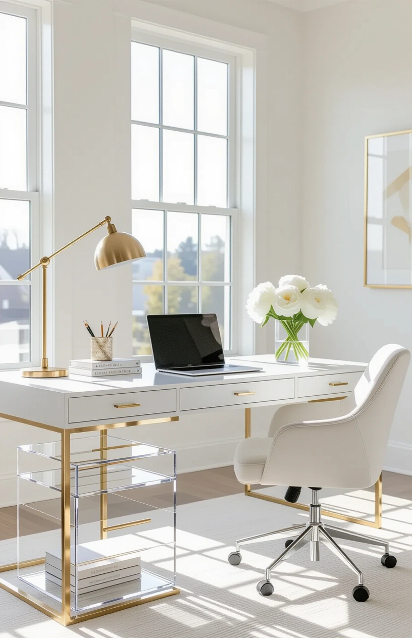 10 Inspiring Home Office Decor Ideas - Bright White Office with Gold Accents and Acrylic Organizers
