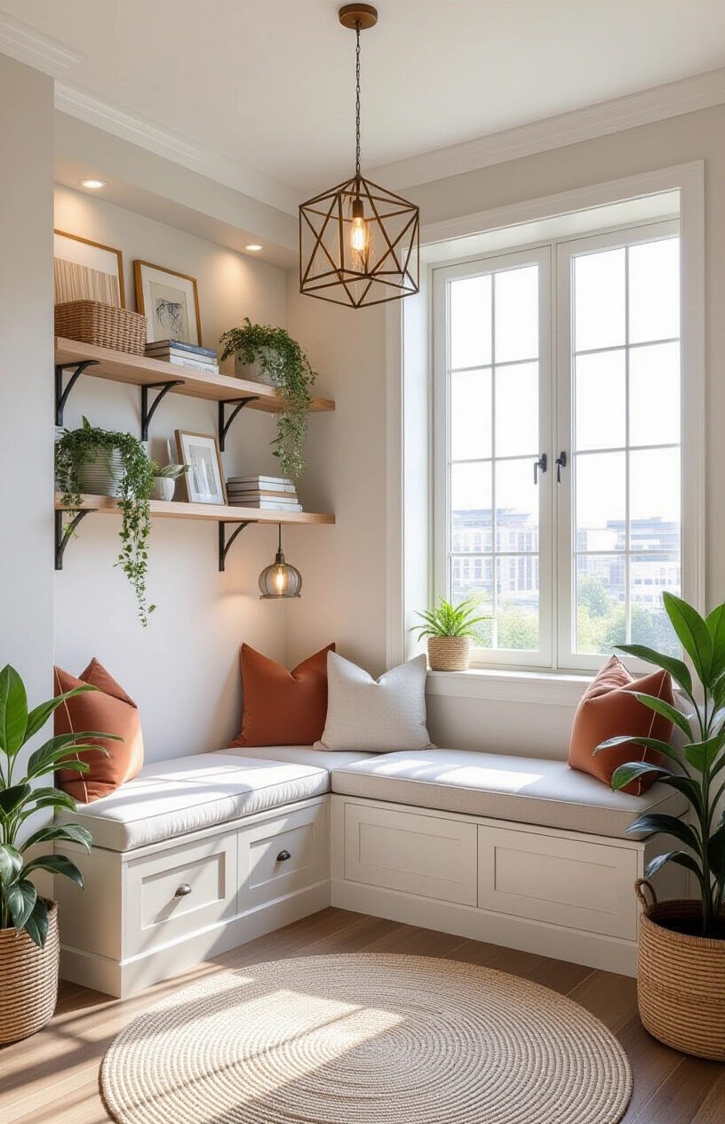 10 Inspiring Home Office Decor Ideas - Corner Office Nook with Floating Shelves and Plants