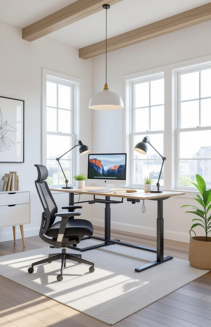 10 Inspiring Home Office Decor Ideas - Ergonomic Chair Paired with a Standing Desk Converter