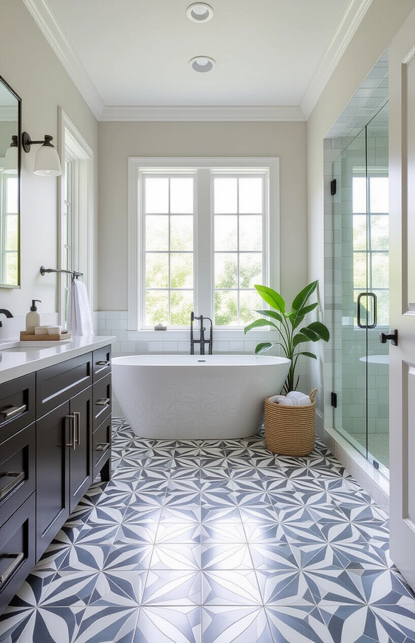 Bathroom Refresh: 10 Easy Updates That Make a Big Impact - Geometric Patterned Floor Tiles in Gray and White
