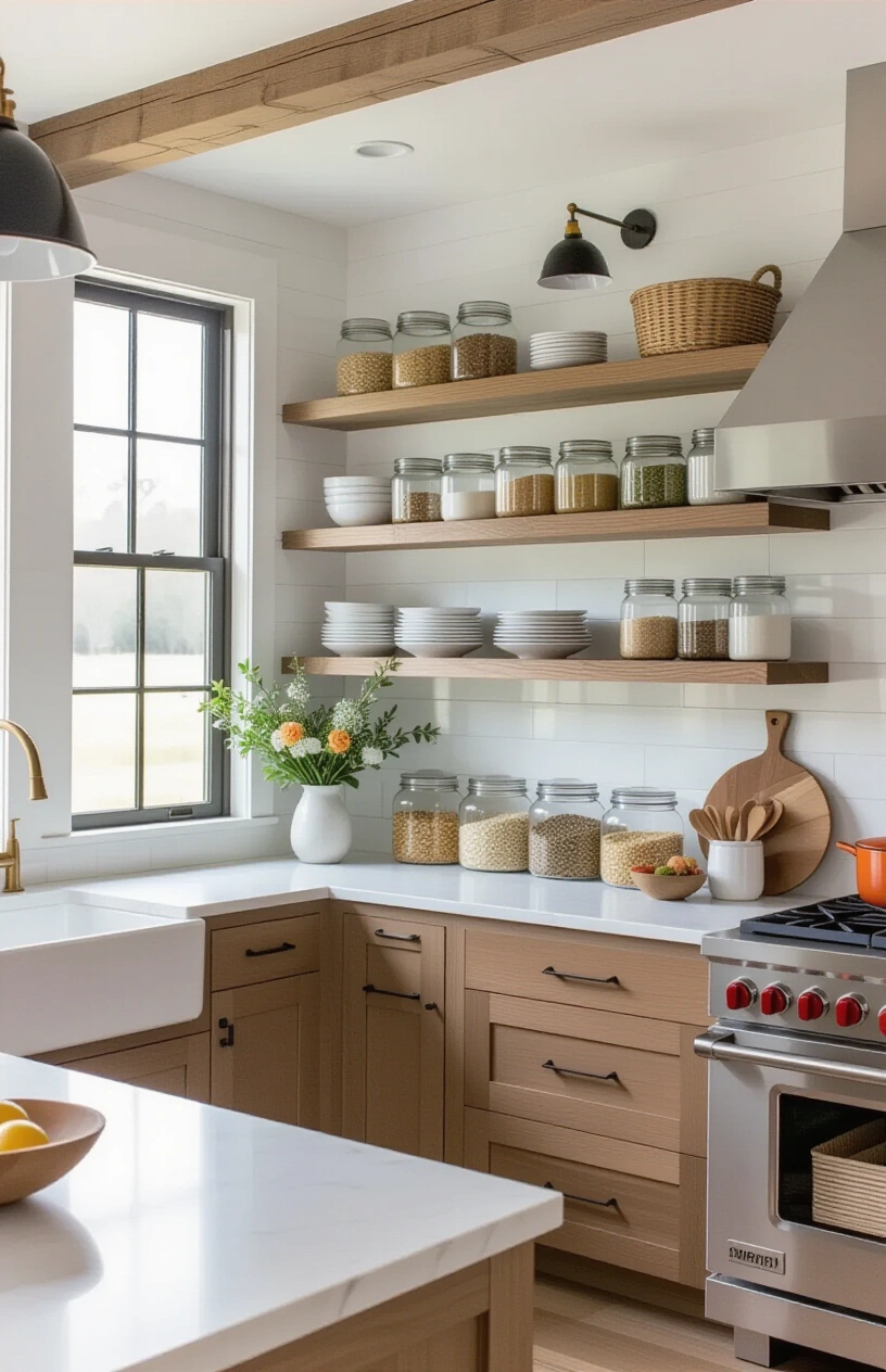 How to Style Your Open Shelving in the Kitchen (20 ideas) - Grouping Glass Jars Filled with Pantry Staples