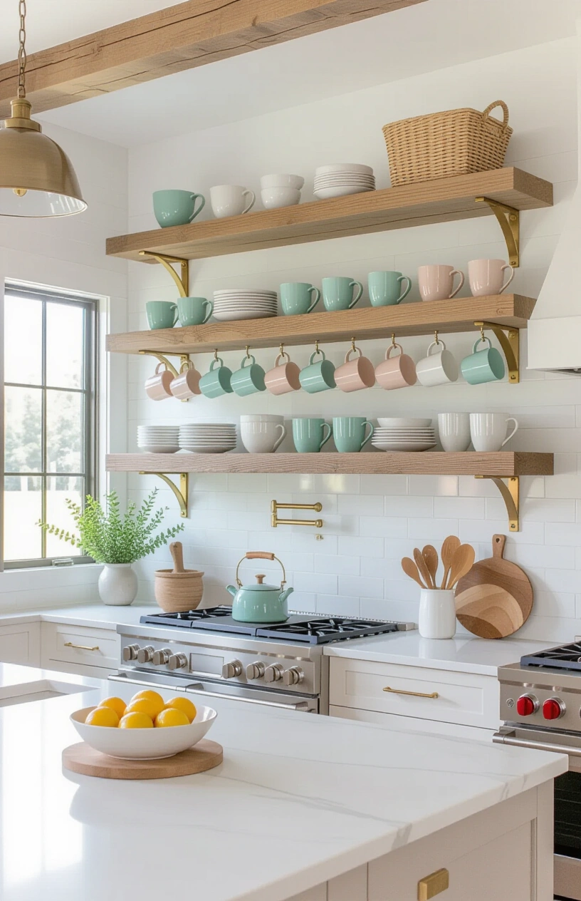 How to Style Your Open Shelving in the Kitchen (20 ideas) - Hanging Mugs from Hooks Underneath Shelves