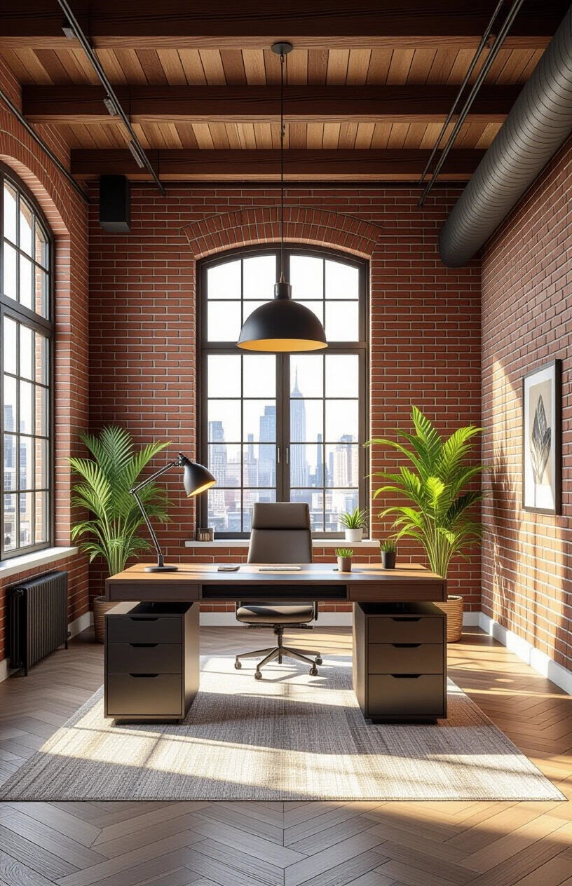 10 Inspiring Home Office Decor Ideas - Industrial Style Desk with Exposed Brick Background