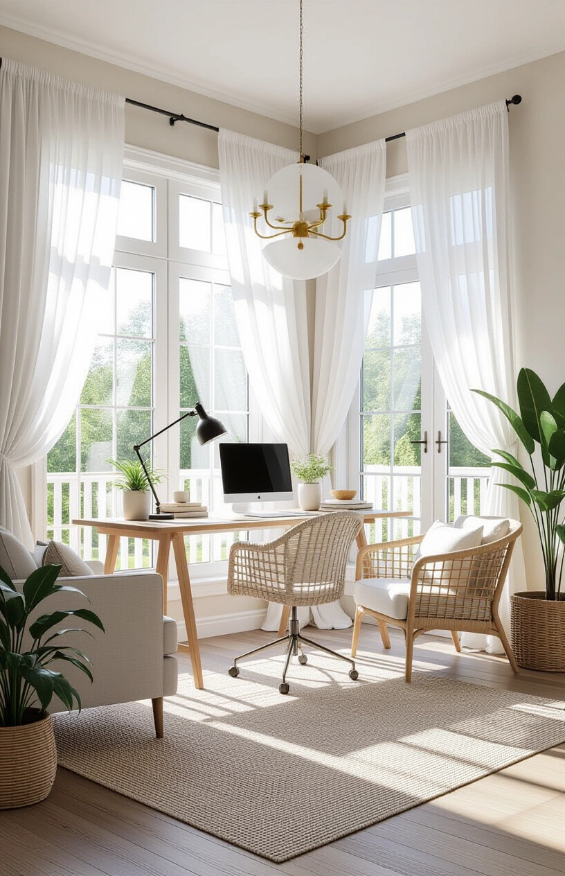 10 Inspiring Home Office Decor Ideas - Natural Light Filled Office with Sheer Curtains and Woven Baskets