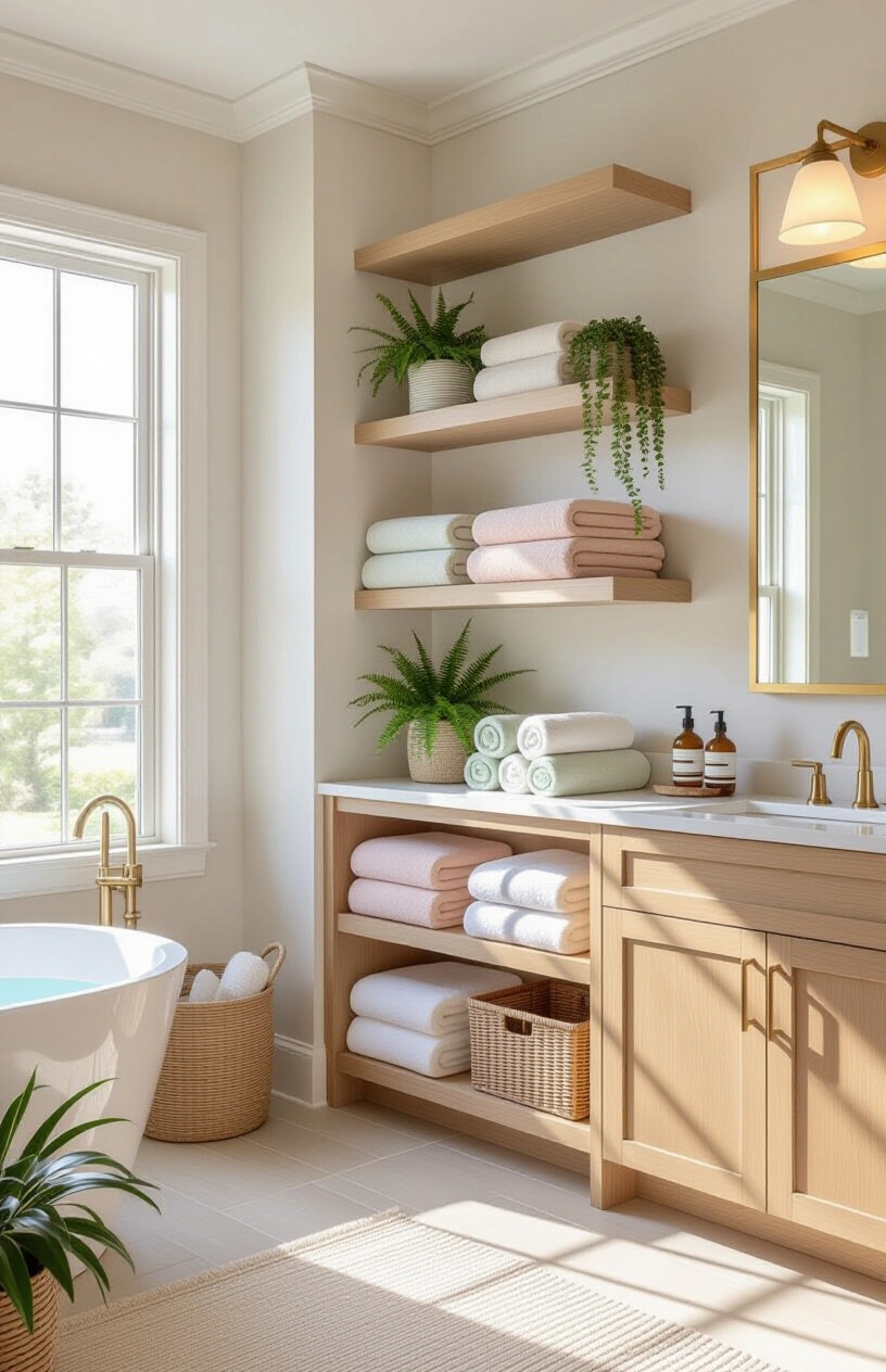 Bathroom Refresh: 10 Easy Updates That Make a Big Impact - Open Shelving with Rolled Towels and Plants