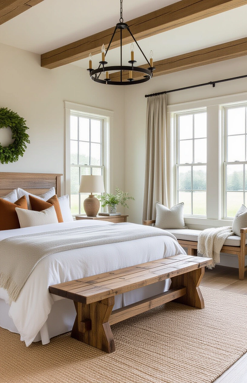 Create Your Dream Bedroom Sanctuary: 15 Calming Decor Ideas - Rustic Wooden Bench at the Foot of the Bed