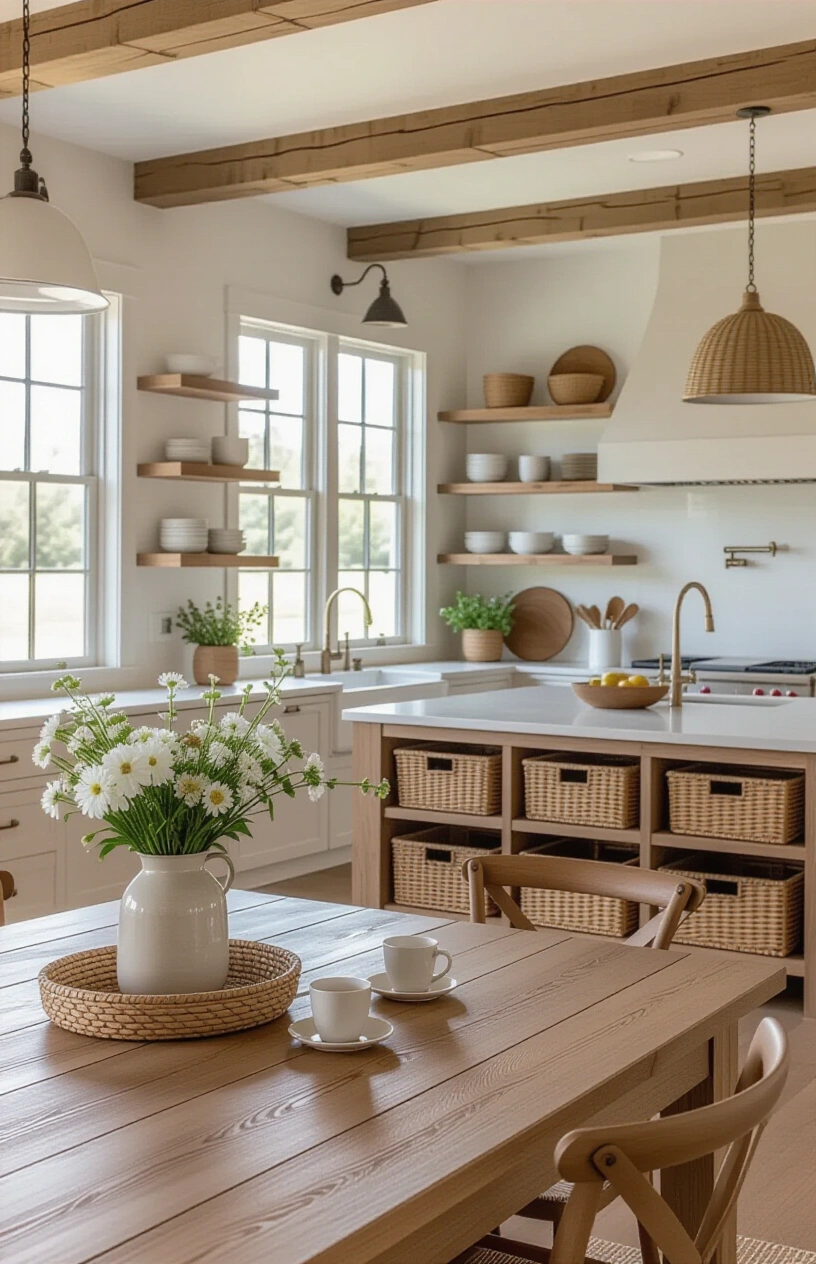 How to Style Your Open Shelving in the Kitchen (20 ideas) - Using Woven Baskets for Organized Storage